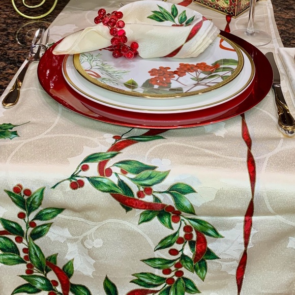 Lenox Dining Holly Ribbon Damask Tablecloth Napkins Rings Poshmark